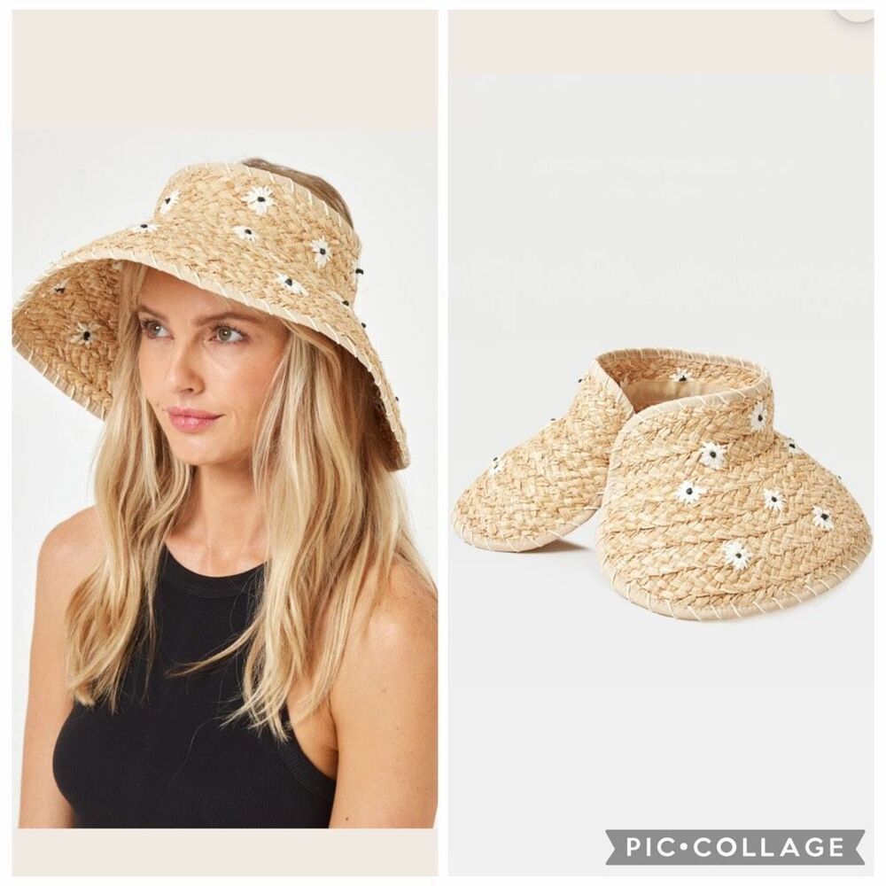 L*SPACE  Abbey Rollup floral embroidered straw Visor Hat - Natural
